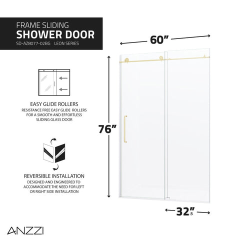 ANZZI Leon Series 60 in. by 76 in. Frameless Sliding Shower Door with Handle