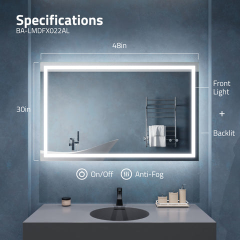 ANZZI 30-in. x 48-in. Frameless LED Front/Back Light Bathroom Mirror w/Defogger