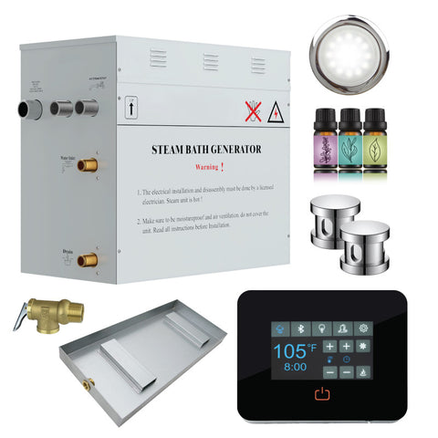 CON1200CH - SaunaSpa Contractors Series 12kW Steam Bath Generator with Quickstart Continuous Steam, Black Digital Touch Pad, Built-in Auto-drain, Drain Pan, White LED light, and Aroma Steamhead in Polished Chrome