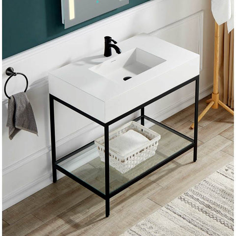 CS-FGC001-MB - ANZZI Ventura 36 in. Console Sink in Matte Black with Matte White Counter Top