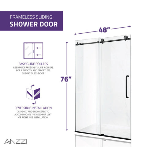 ANZZI Madam Series 48 in. by 76 in. Frameless Sliding Shower Door with Handle