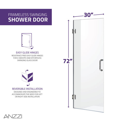 Fellow Series 30 in. by 72 in. Frameless Hinged Shower Door with Handle