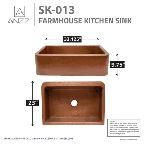 Miletus Farmhouse Handmade Copper 33 in. 0-Hole Single Bowl Kitchen Sink in Hammered Antique Copper