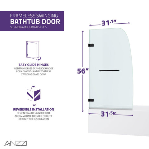 Vensea Series 31.5 in. by 56 in. Frameless Hinged Tub Door