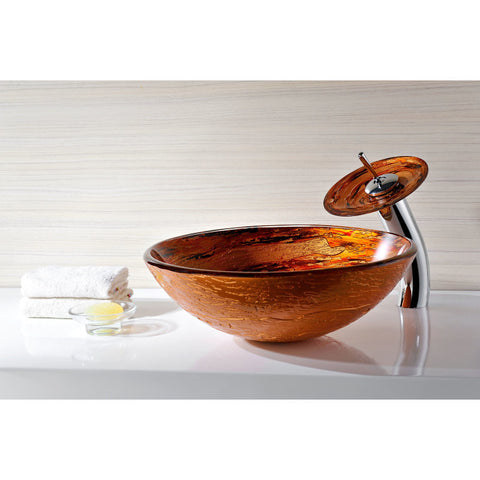 Stanza Series Vessel Sink in Brown with Pop-Up Drain and Matching Faucet in Lustrous Brown