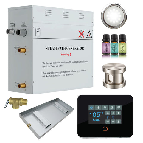 CON450BN - SaunaSpa Contractors Series 4.5kW Steam Bath Generator with Quickstart Continuous Steam, Black Digital Touch Pad, Built-in Auto-drain, Drain Pan, White LED light, and Aroma Steamhead in Brushed Nickel