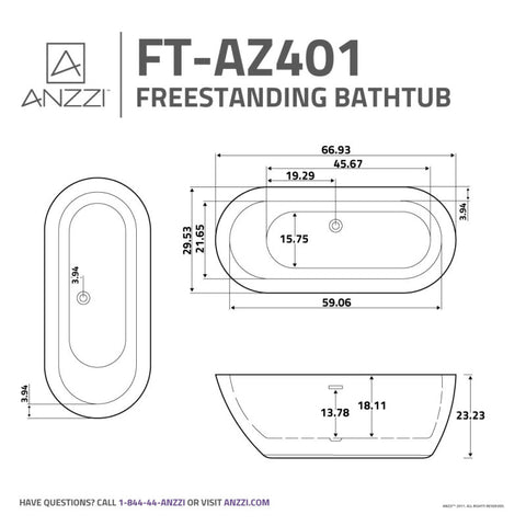 ANZZI 67 in. x 30 in. Freestanding Soaking Tub with Flatbottom - Ami Series