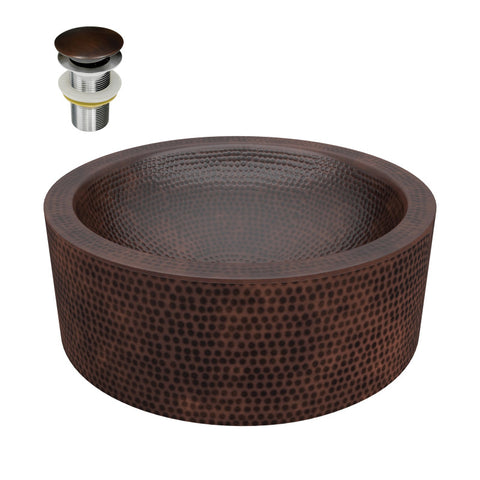 BS-013 - ANZZI Triens Series 16 in. L x 16. W Handcrafted Round Bathroom Vessel Sink with Center Push Drain in Hammered Antique Copper