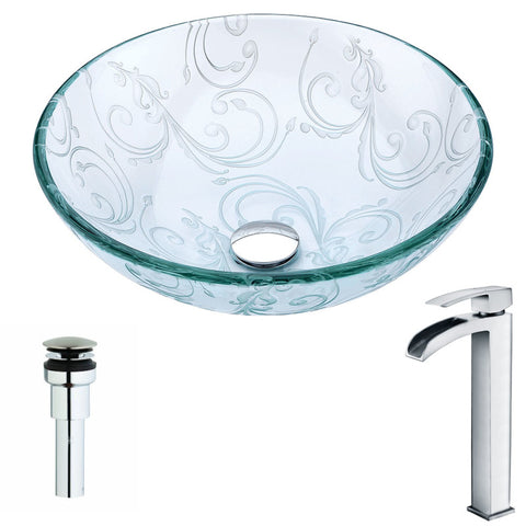 LSAZ065-097 - ANZZI Vieno Series Deco-Glass Vessel Sink in Crystal Clear Floral with Key Faucet in Polished Chrome