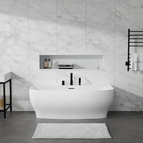 Bank Series 65 in. x 31 in. Flat Bottom Acrylic Freestanding Soaking Bathtub with Center Drain, Matte Black Faucet