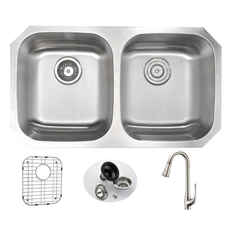 ANZZI MOORE Undermount 32 in. Double Bowl Kitchen Sink with Singer Faucet in Brushed Nickel