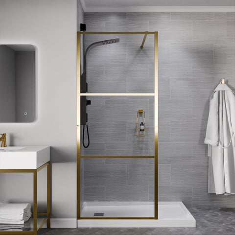 Himmel Series 34 in. x 78 in. Fixed Frameless Shower Door in Brushed Gold with Tsunami Guard Tempered Clear Glass