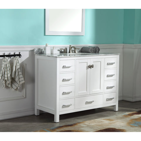 VT-MRCT0048-WH - ANZZI Chateau 48 in. W x 22 in. D Bath Vanity Set in White with Vanity Top in Carrara Marble with White Sink and Mirror
