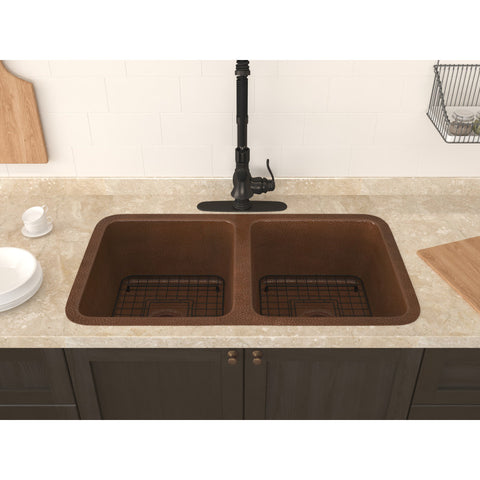 ANZZI Eastern Drop-in Handmade Copper 32 in. 0-Hole 50/50 Double Bowl Kitchen Sink in Hammered Antique Copper