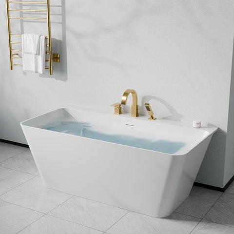 Vault Series 59 in. x 30 in. Flat Bottom Acrylic Freestanding Soaking Bathtub with Center Drain, Brushed Gold Faucet