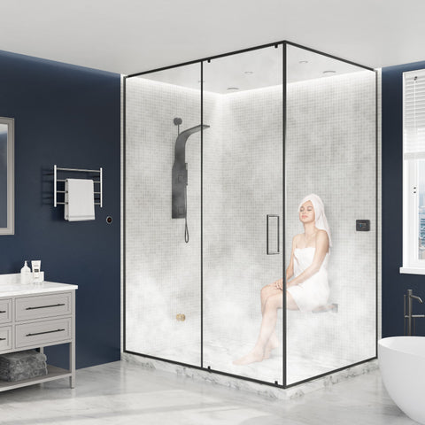 CON1200GD - SaunaSpa Contractors Series 12kW Steam Bath Generator with Quickstart Continuous Steam, Black Digital Touch Pad, Built-in Auto-drain, Drain Pan, White LED light, and Aroma Steamhead in Gold Finish