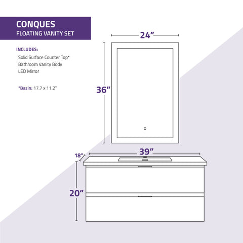 39 in W x 20 in H x 18 in D Bath Vanity with Cultured Marble Vanity Top in White with White Basin & Mirror