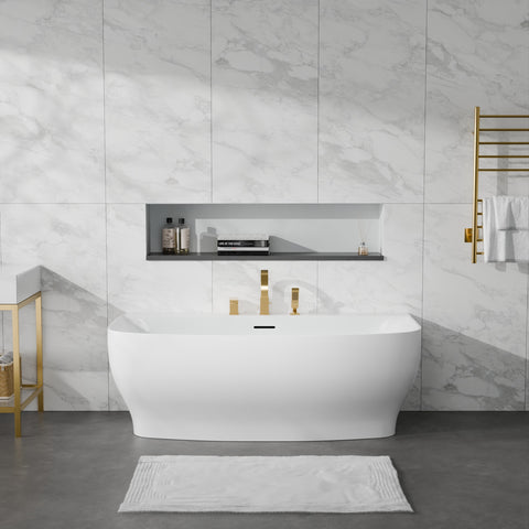 Bank Series 65 in. x 31 in. Flat Bottom Acrylic Freestanding Soaking Bathtub with Center Drain, Brushed Gold Faucet