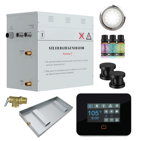 CON1200MK - SaunaSpa Contractors Series 12kW Steam Bath Generator with Quickstart Continuous Steam, Black Digital Touch Pad, Built-in Auto-drain, Drain Pan, White LED light, and Aroma Steamhead in Matte Black