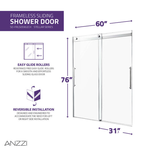 ANZZI Stellar Series 60 in. x 76 in. Frameless Sliding Shower Door with Handle