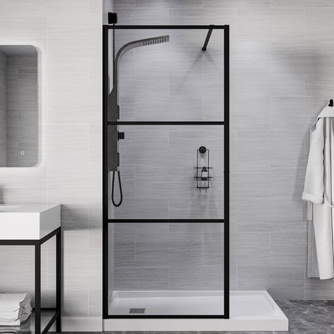 Himmel Series 34 in. x 78 in. Fixed Frameless Shower Door in Matte Black with Tsunami Guard Tempered Clear Glass