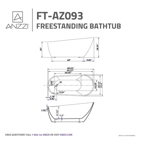 ANZZI 67 in. x 32 in. Freestanding Soaking Tub with Flatbottom - Trend Series