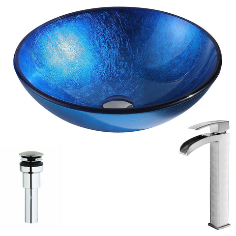 ANZZI Clavier Series Deco-Glass Vessel Sink in Lustrous Blue with Key Faucet