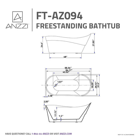 ANZZI 67 in. x 32 in. Freestanding Soaking Tub with Flatbottom - Kahl Series