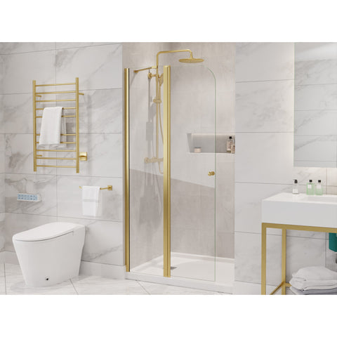 SD-AZ14-01BG - ANZZI Romance Series 33.3 in. x 72 in. H Hinged Frameless Shower Door in Brushed Gold with Tsunami Guard Tempered Glass