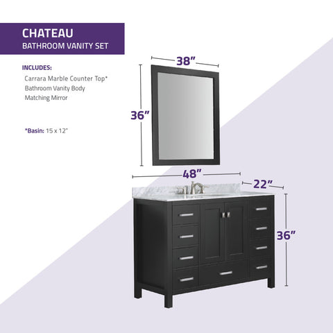 Chateau 48 in. W x 22 in. D Bathroom Bath Vanity Set with Carrara Marble Top with White Sink