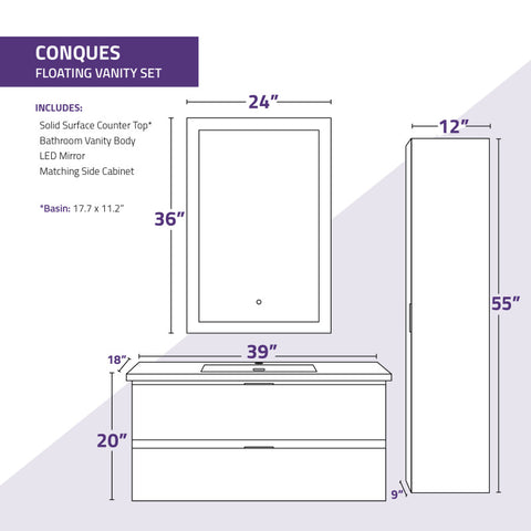 39 in. W x 20 in. H x 18 in. D Bath Vanity Set with Vanity Top in White with White Basin and Mirror