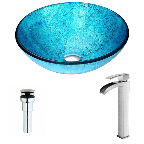 ANZZI Accent Series Deco-Glass Vessel Sink in Blue Ice with Key Faucet