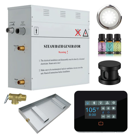 CON450MK - SaunaSpa Contractors Series 4.5kW Steam Bath Generator with Quickstart Continuous Steam, Black Digital Touch Pad, Built-in Auto-drain, Drain Pan, White LED light, and Aroma Steamhead in Matte Black