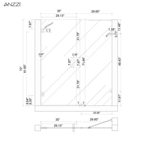 ANZZI Makata Series 60 in. by 72 in. Frameless Hinged Alcove Shower Door with Handle