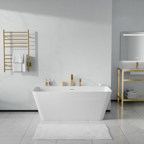 Vault Series 59 in. x 30 in. Flat Bottom Acrylic Freestanding Soaking Bathtub with Center Drain, Brushed Gold Faucet