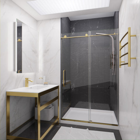 SD-AZ8077-01BG - ANZZI Leon Series 48 in. x 76 in. H Sliding Frameless Shower Door in Brushed Gold  with Tsunami Guard Tempered Glass