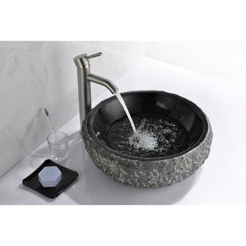 LS-AZ144 - ANZZI Dragons Ash Series 17 in. L x 17 in. W Handcrafted Round Solid Surface Bathroom Vessel Sink in Mandy Black Natural Stone