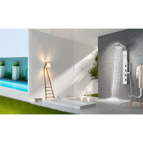 SP-AZ077 - ANZZI Sans Series 40 in. 3-Jetted Full Body Shower Panel with Heavy Rain Shower and Body Jets and Spray Wand in Brushed Steel