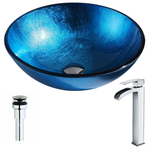 LSAZ078-097 - ANZZI Arc Series 17 in. Bathroom Vessel Sink in Lustrous Light Blue Finish Tempered Glass with Key Faucet in Polished Chrome