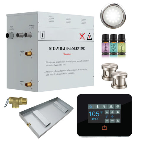 CON1200BN - SaunaSpa Contractors Series 12kW Steam Bath Generator with Quickstart Continuous Steam, Black Digital Touch Pad, Built-in Auto-drain, Drain Pan, White LED light, and Aroma Steamhead in Brushed Nickel