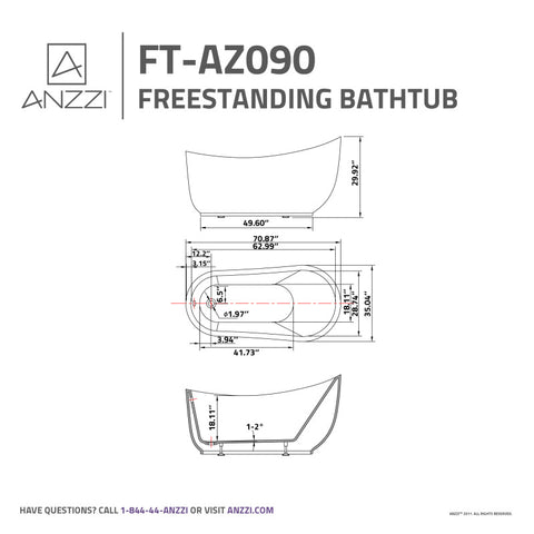 ANZZI 71 in. x 35 in. Freestanding Soaking Tub with Flatbottom - Talyah Series