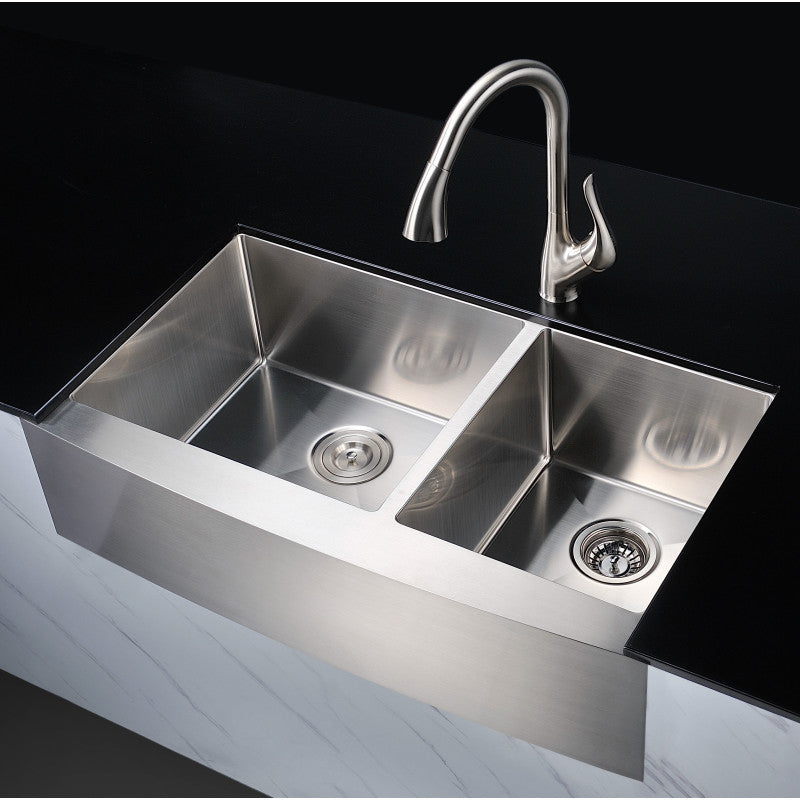 Bowl in 60/40 Double in. Sink Farmhouse 36 Brushed ANZZI 0-Hole - K-AZ3620-3A Satin Steel Kitchen Elysian Stainless –
