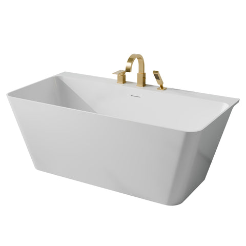 Vault Series 59 in. x 30 in. Flat Bottom Acrylic Freestanding Soaking Bathtub with Center Drain, Brushed Gold Faucet