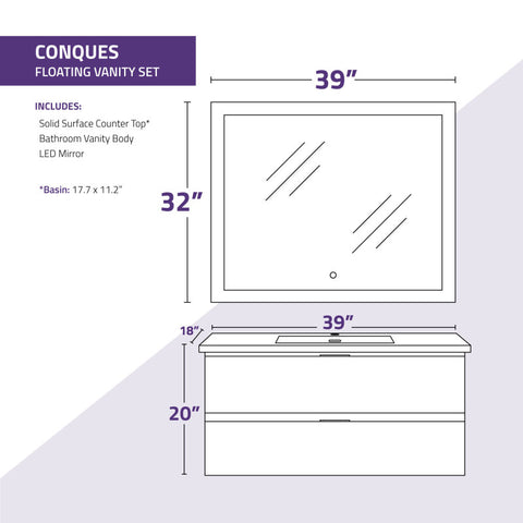 39 in W x 20 in H x 18 in D Bath Vanity with Cultured Marble Vanity Top in White with White Basin & Mirror