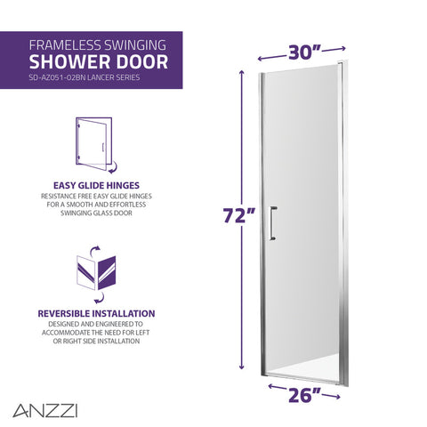 Lancer 29 in. x 72 in. Semi-Frameless Shower Door with TSUNAMI GUARD