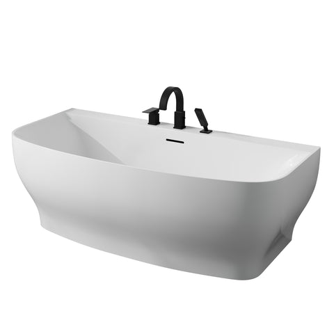Bank Series 65 in. x 31 in. Flat Bottom Acrylic Freestanding Soaking Bathtub with Center Drain, Matte Black Faucet