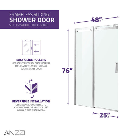 Rhodes Series 48 in. x 76 in. Frameless Sliding Shower Door with Handle