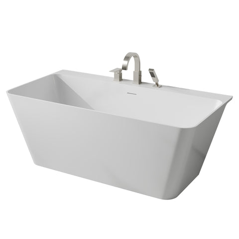 Vault Series 59 in. x 30 in. Flat Bottom Acrylic Freestanding Soaking Bathtub with Center Drain, Brushed Nickel Faucet