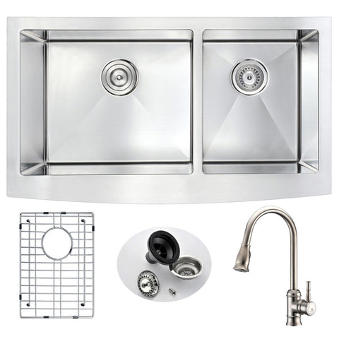 ANZZI Elysian Farmhouse 33 in. Double Bowl Kitchen Sink with Sails Faucet in Brushed Nickel