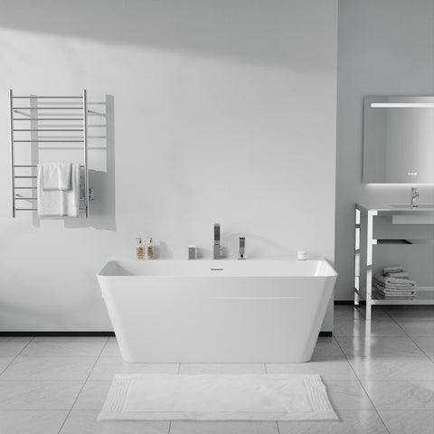 Vault Series 59 in. x 30 in. Flat Bottom Acrylic Freestanding Soaking Bathtub with Center Drain, Chrome Faucet